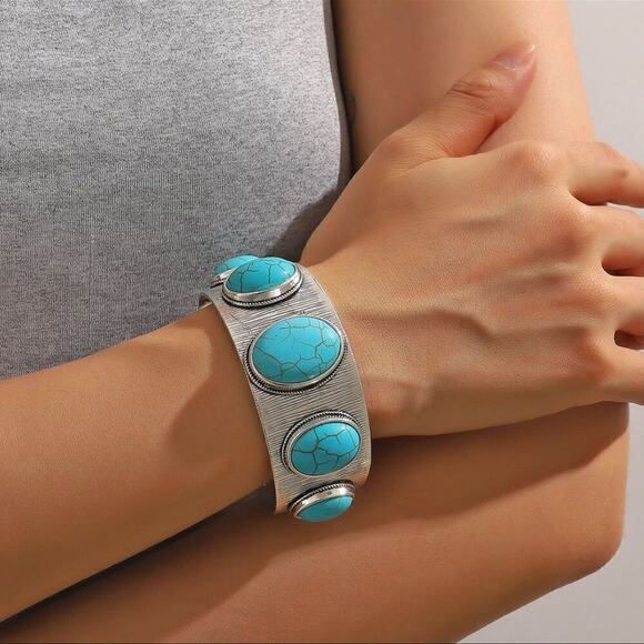 Jewelry - Silver Tone & Turquoise Wide Open Cuff Bracelet